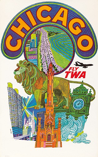 Chicago Fly Twa, lion statue, airplane