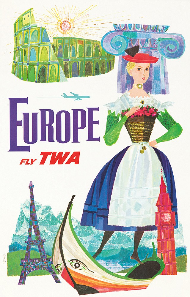 Europe, Fly TWA, woman in dress