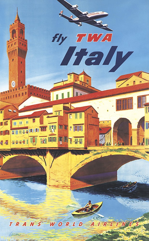 Fly TWA Italy, Trans World Airlines, plane over city