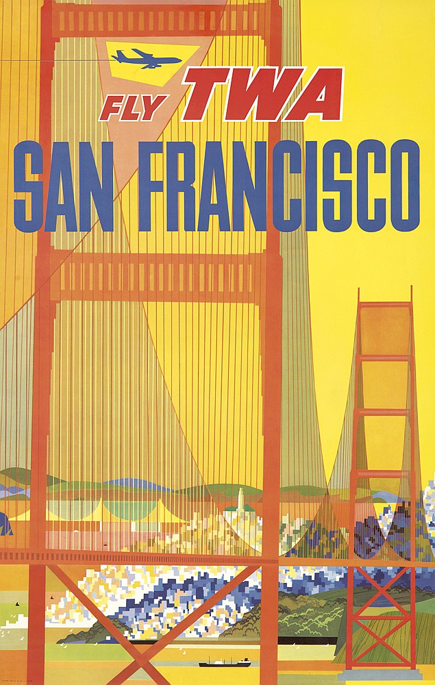 Fly TWA San Francisco, yellow poster, Golden Gate Bridge