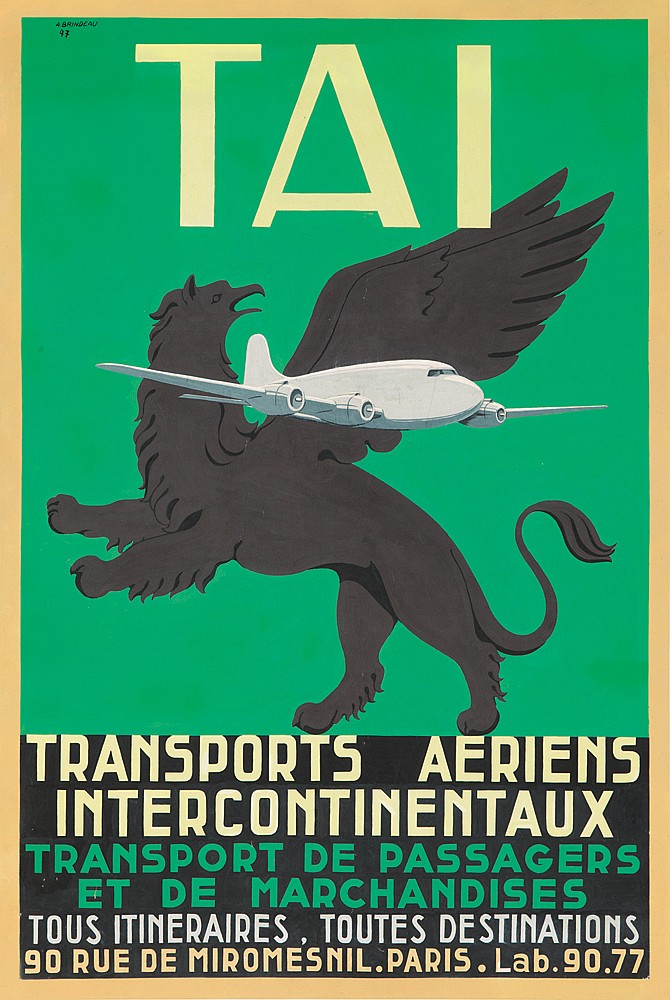 TAI Transports Aeriens Intercontinentaux, green poster, white plane