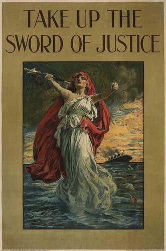 Take Up the Sword of Justice, gold border, woman in white