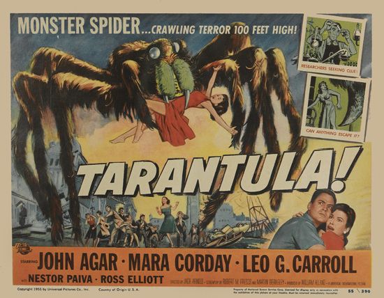 Tarantula, large spider eats woman in red, John Agar