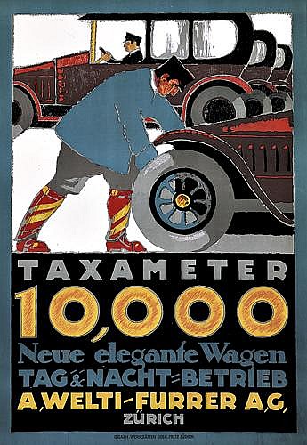 Taxameter 10,000, blue poster, man pushes car