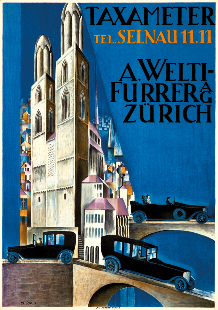 Taxameter Tel Selnau 11 11, blue poster, white building and black cars