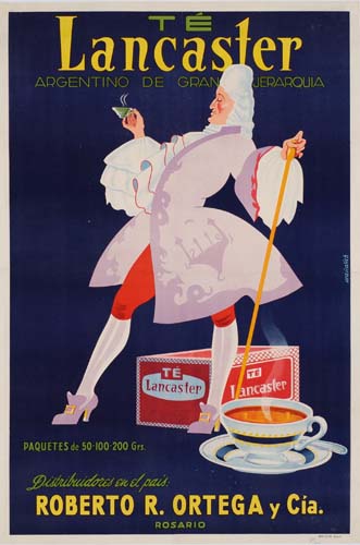 Te Lancaster, blue poster, man in white, tea