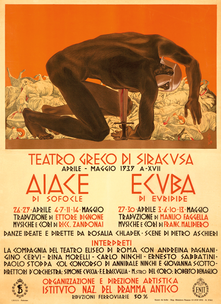 Teatro Greco di Siracusa, orange poster, man falls on his sword