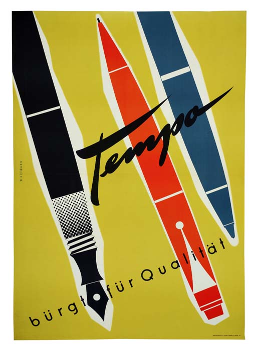 Tempo Burgt Fur Qualitat, yellow poster, pens