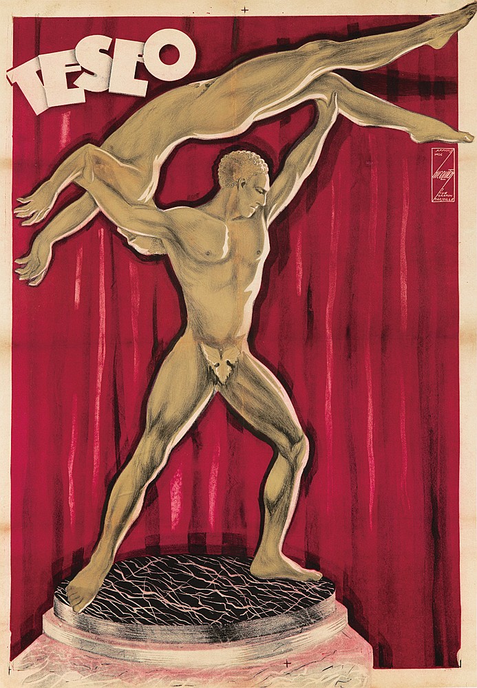 Teslo, statue of two men, red curtain