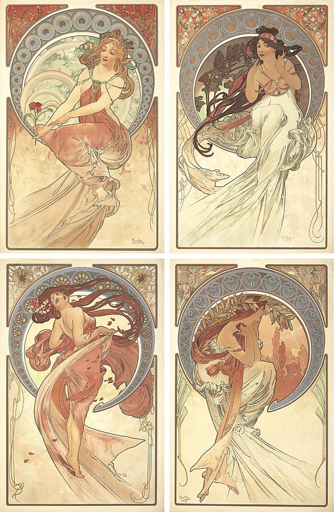 Four posters, women in long white dresses