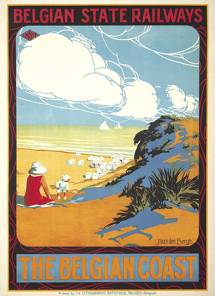 The Belgian Coast, woman in red swimsuit