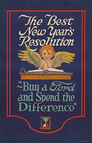 The Best New Year’s Resolution, Buy a Ford and Spend Difference, blue poster, angel