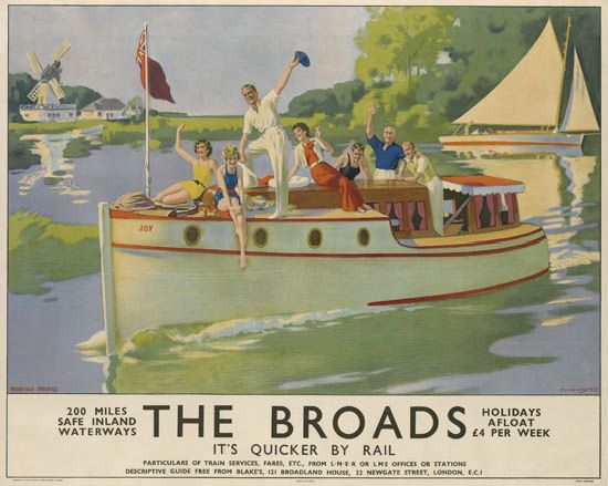 The Broads It’s Quicker bu Rail, white boat