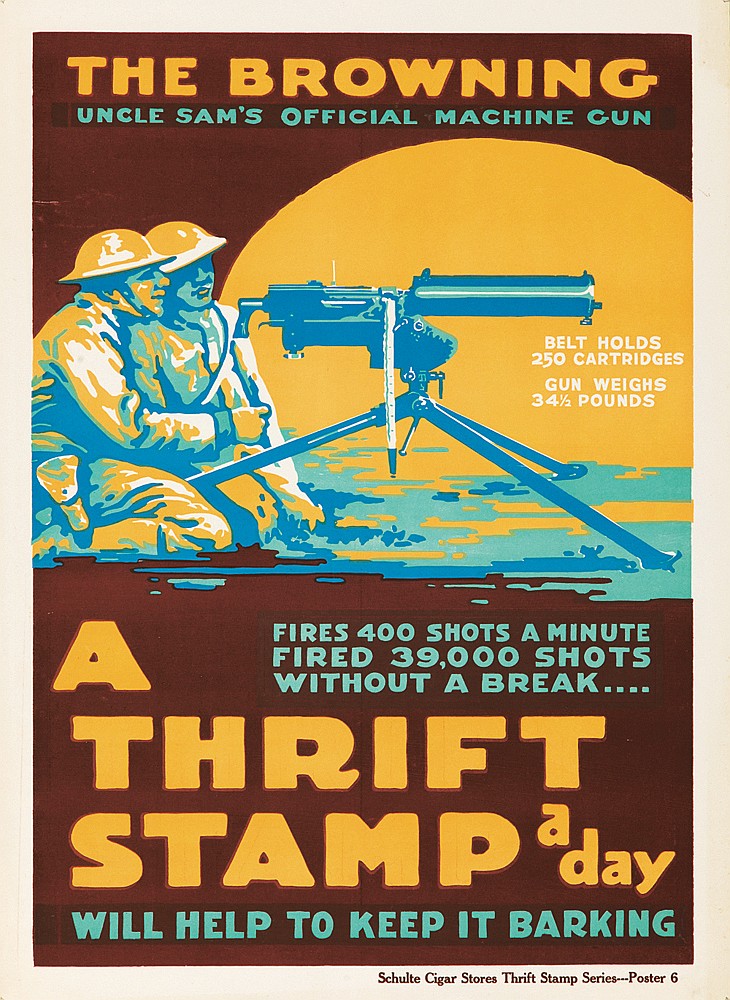 The Browning A Thrift Stamp A day, soldiers look through a telescope