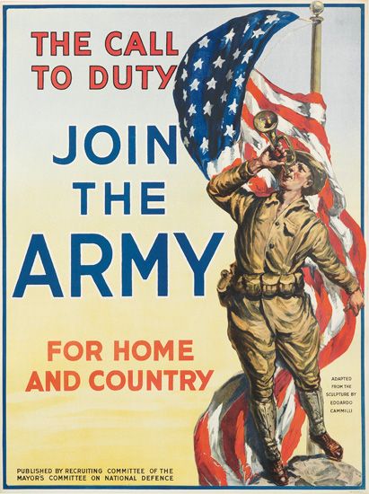 The Call to Duty Join the Army, for Home and Country, soldier and horn, flag
