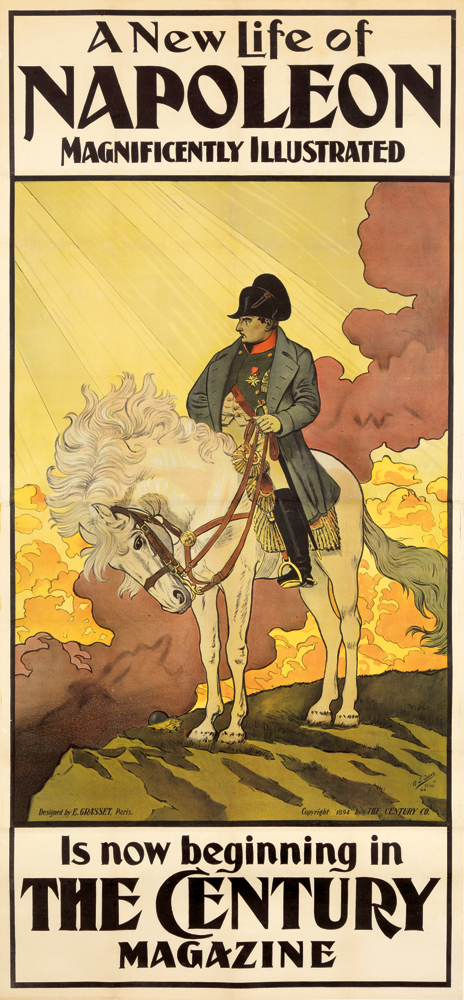 A New Life of Napoleon, The Century Magazine, long poster, Napoleon on a white horse