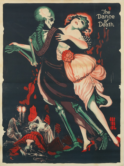 The Dance of Death, black poster, skeleton dances with woman in pink