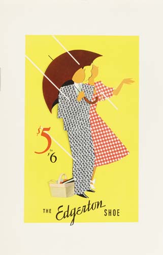 The Edgerton Shoe, yellow poster, couple under an umbrella