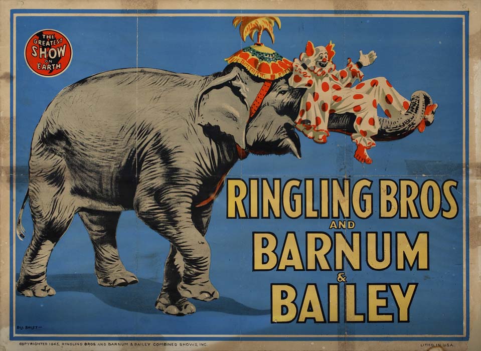Ringling Bros and Barnum and Bailey, blue poster, elephant and clown