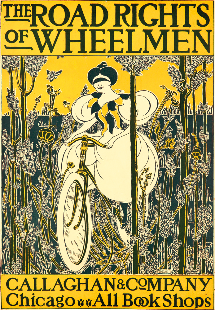 The Road Rights of Wheelmen, woman in white rides through the forest