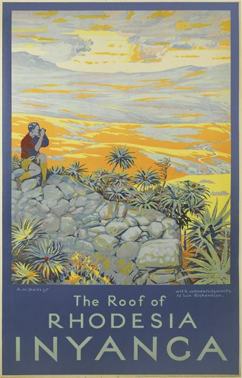 The Roof of Rhodesia Inyanga, blue poster, man on mountaintop