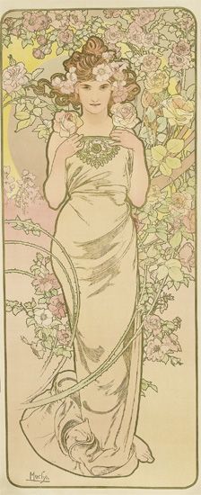 Woman in white with flowers, long poster