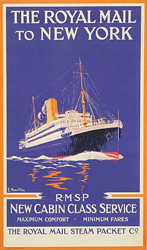 The Royal Mail to New York, long blue poster, black ship