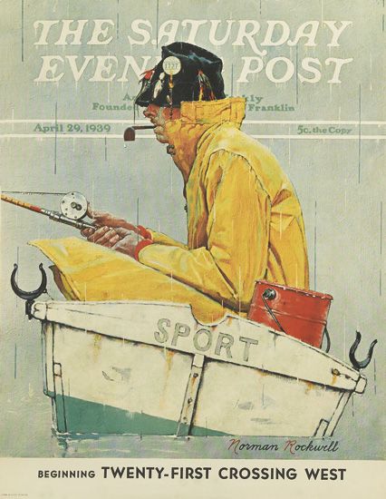The Saturday Evening Post Sport man fishing in the rain