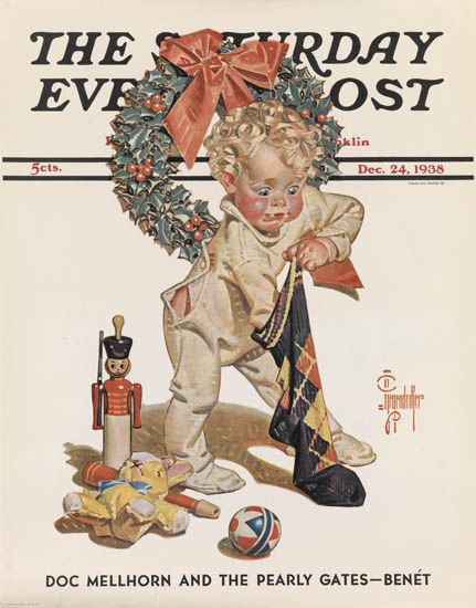 The Saturday Evening Post, Doc Mellhorn, child looks in stocking, wreath
