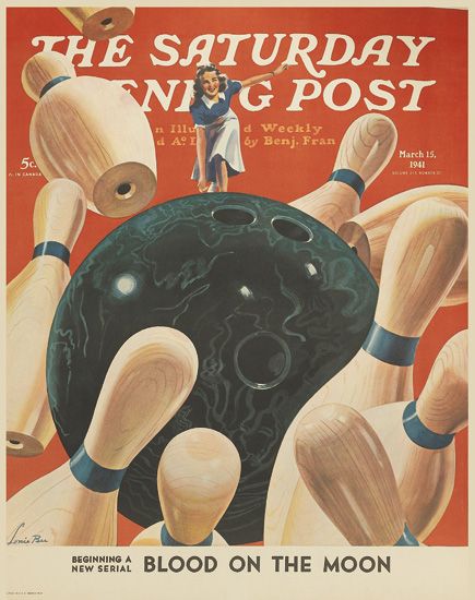 The Saturday Evening Post, Blood on the Moon, red poster, bowling ball and pins