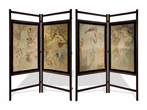 Poster screens, women in flowing dresses, four posters