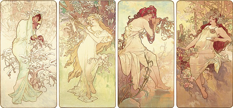 Four posters, women in flowing dresses in nature