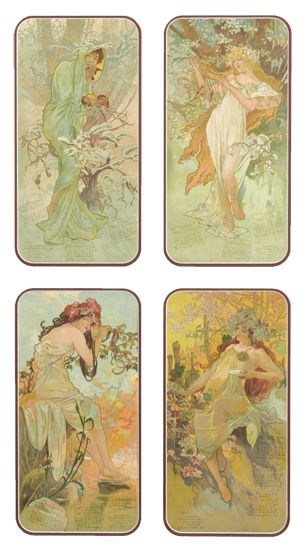Four posters, four seasons, women in flowing dresses