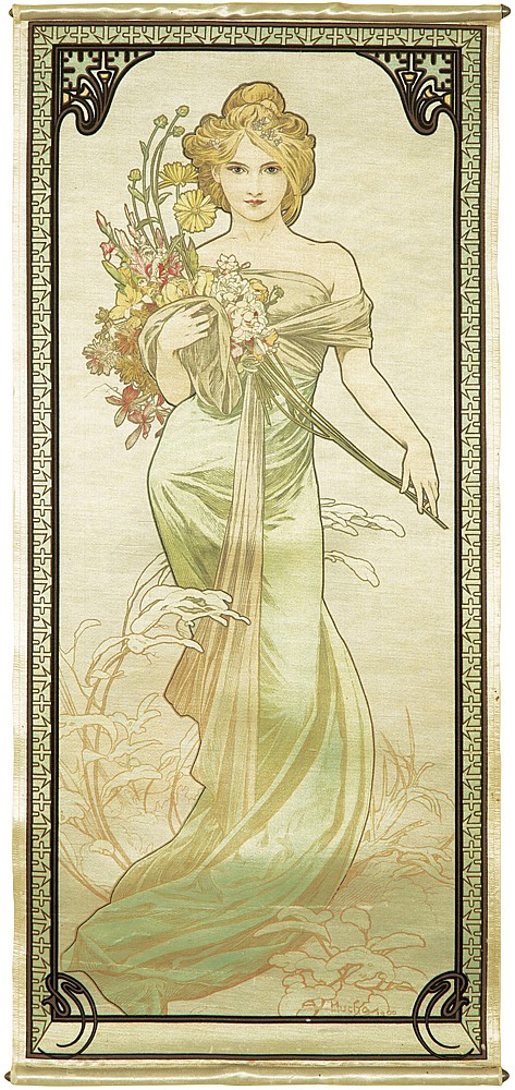 Long poster, woman in white holds flowers