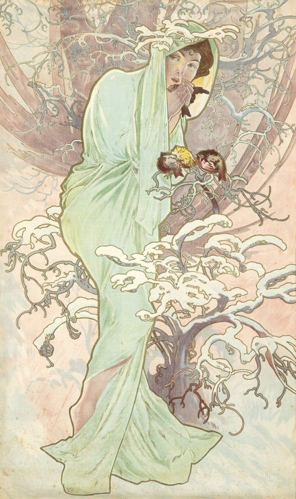 Woman in a blue cloak in the snow