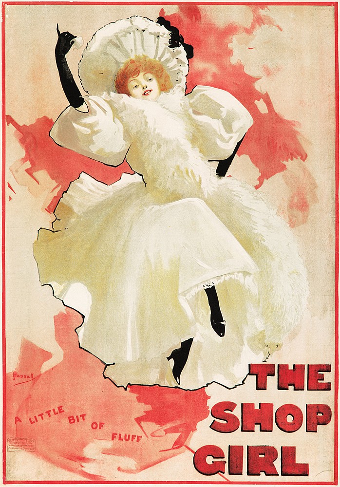 The Shop Girl, woman in white, pink poster