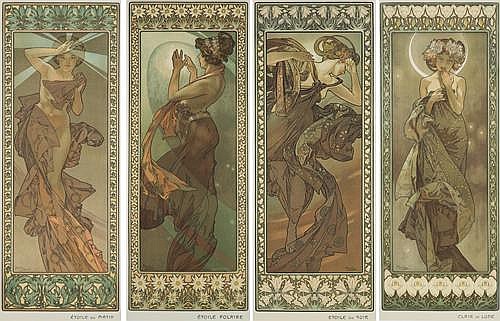 Four posters side by side, women in long dresses