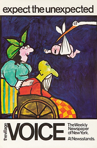 The Village Voice, Expect the Unexpected, blue poster, man in wheelhair, baby