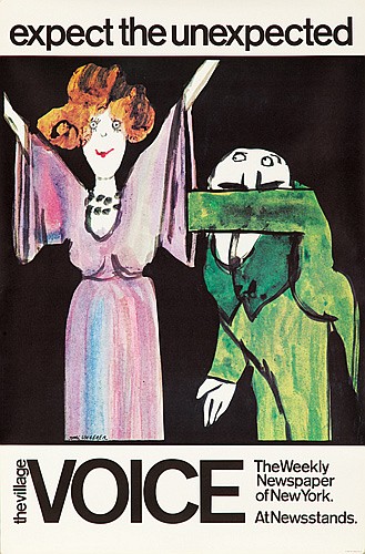 The Village Voice, woman in purple, man in green