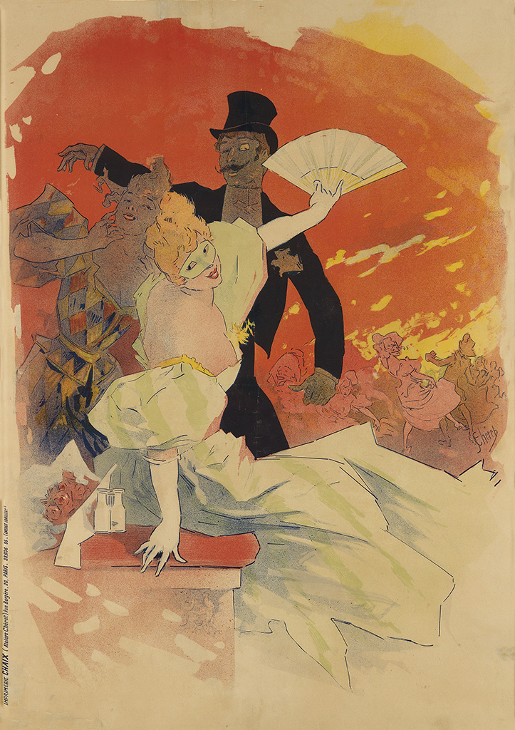 Woman in white, man in suit, orange poster