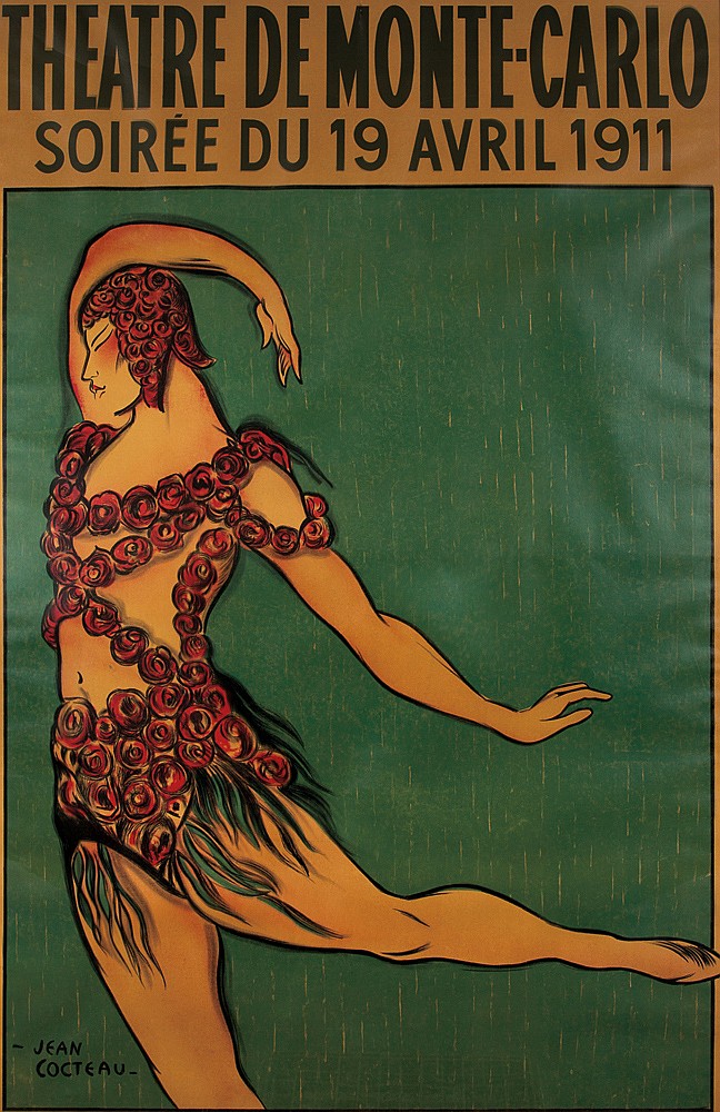 Theatre de Monte-Carlo Soiree du 19 Avril 1911, green poster, woman covered in roses