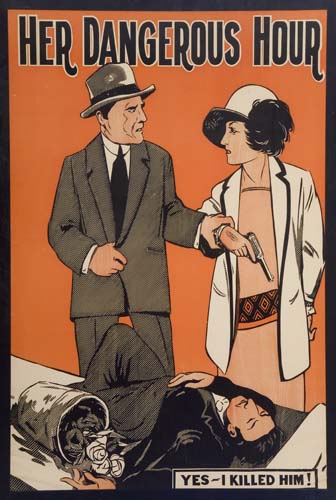 Her Dangerous Hour, orange poster, dead man, woman, man with a gun