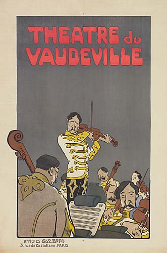 Theatre du Vaudeville, grey poster, man plays violin