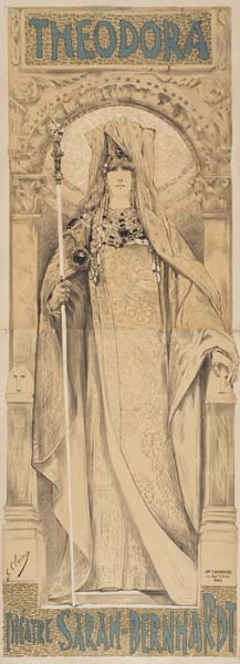 Theodora Theatre Sarah Bernhardt, long poster, woman in white
