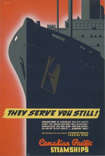 They Serve You Still, Canadian Pacific Steamships, red poster, black ship