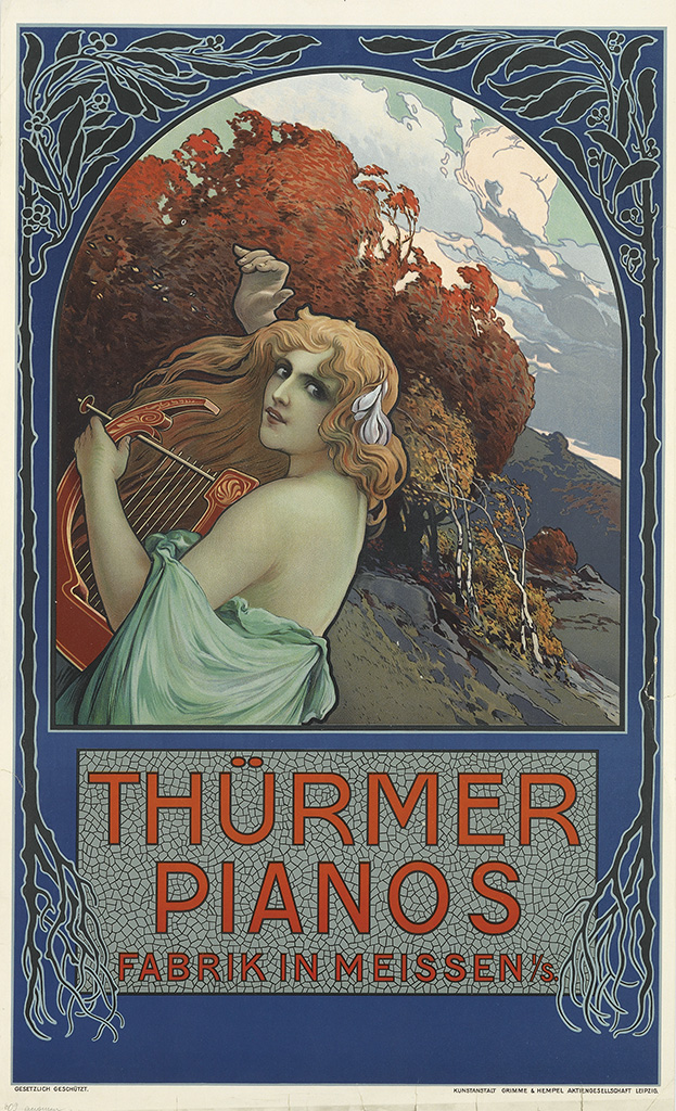 Thurmer Pianos, woman with harp, blue poster