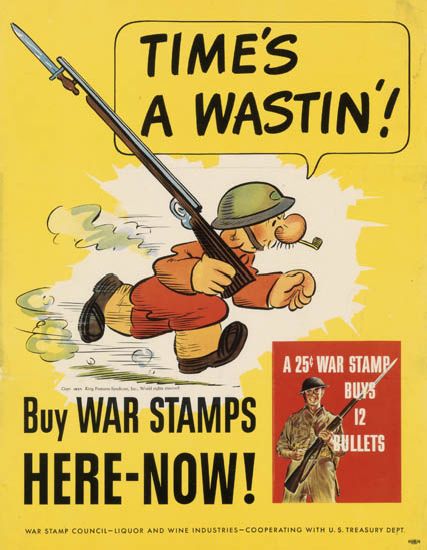 Time’s a Wastin’! Buy War Stamps Here-Now! Yellow poster, soldier