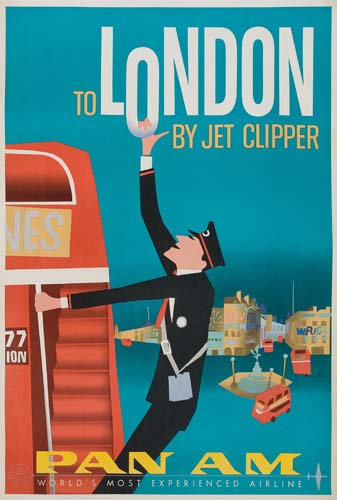 To London by Jet Clipper, Pan Am, blue poster