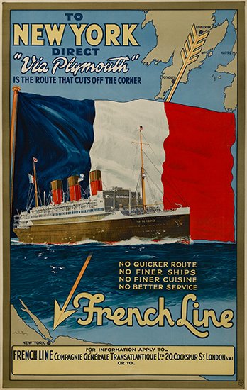To New York Direct Via Plymouth French Line, French flag