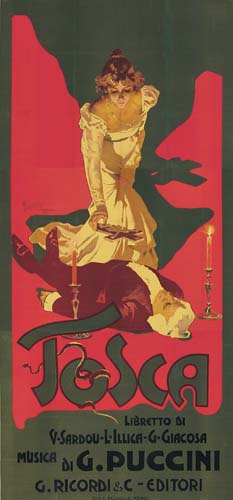 Tosca, long grey and red poster, woman in white